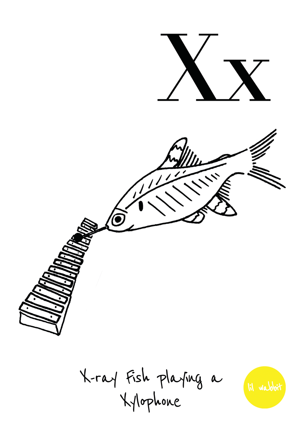 A black animal outline ready to colour in of an x-ray fish with a xylophone
