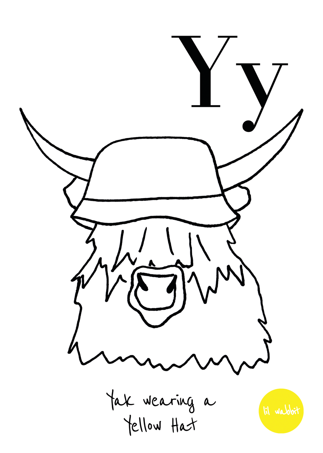 A black animal outline ready to colour in of a yak in a yellow hat