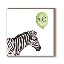 Load image into Gallery viewer, A painting of a zebra with a tenth birthday balloon printed on a birthday card
